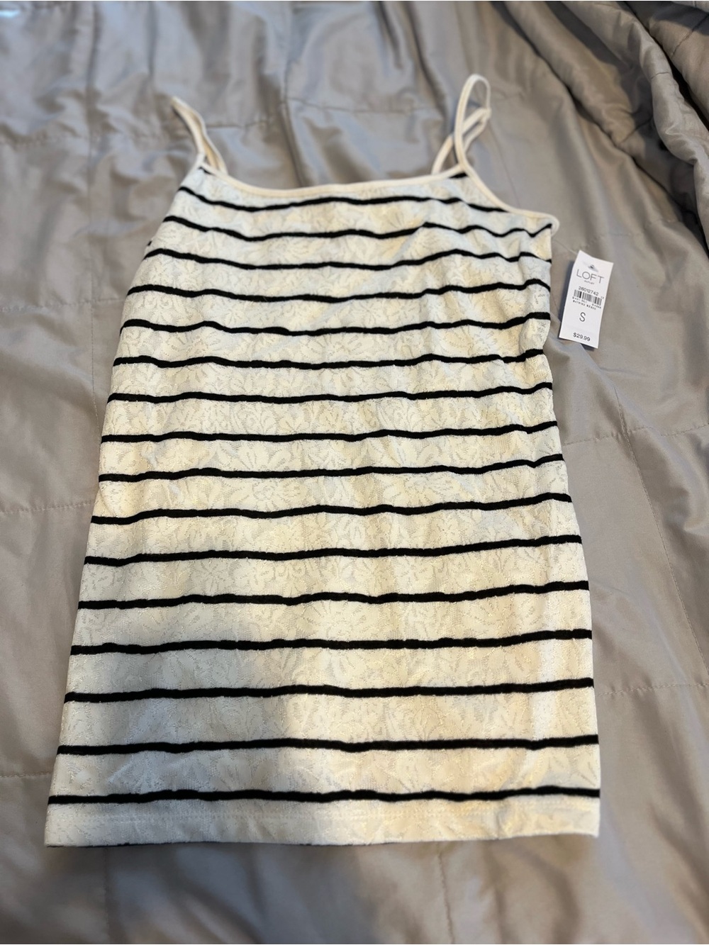 Ann Taylor Loft white tank top with Black Stripes and Lace